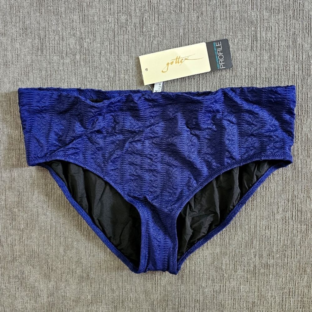 Gottex textured tutti frutti Navy Tab Side textured Hipster Bikini Bottom sz 14